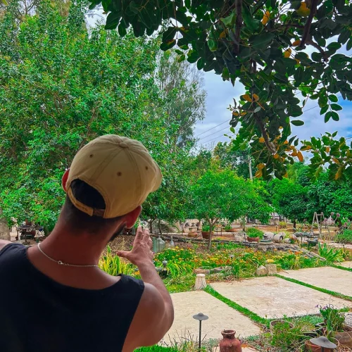 איש מקצוע משקיף על גינה עשירה בעצים, צמחייה וערוגות כחלק מתכנון השטח.