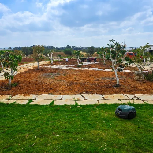 מבט רחב על בוסתן בתהליך הקמה, עם עצי פרי ושבילי אבן בין הערוגות.